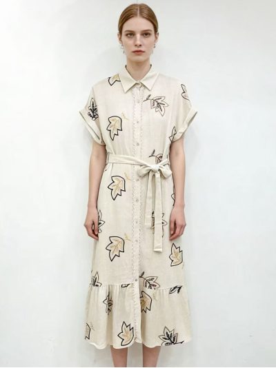 Vestido camisero midi de lino bordado