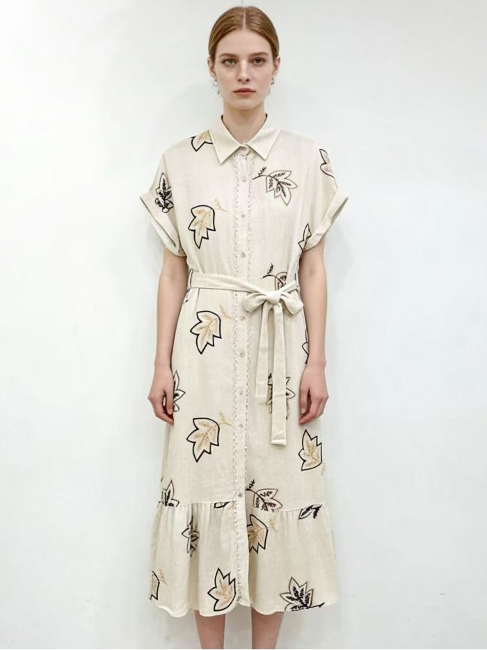 Vestido camisero midi de lino bordado