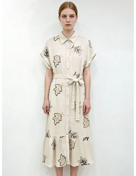 Vestido camisero midi de lino bordado