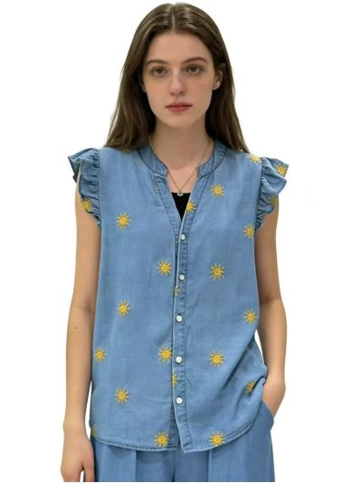 Camisa denim sin mangas con bordado de soles