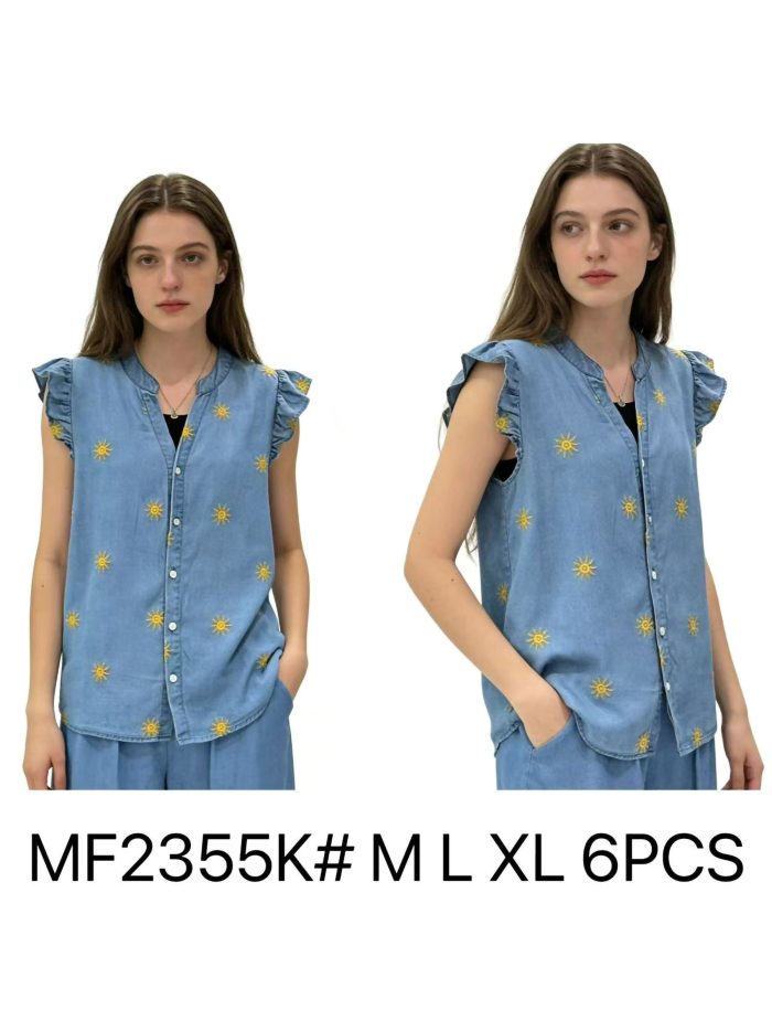 Camisa denim sin mangas con bordado de soles