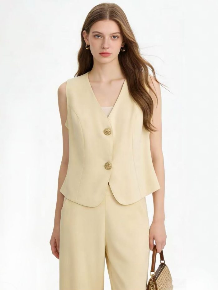 Conjunto de efecto lino: chaleco botones joya y pantalón