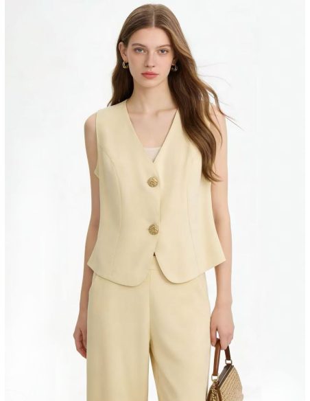 Conjunto de efecto lino: chaleco botones joya y pantalón