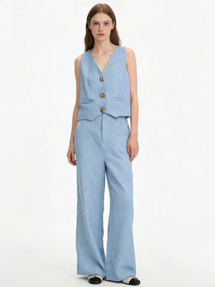 Conjunto de efecto lino: chaleco botones joya y pantalón