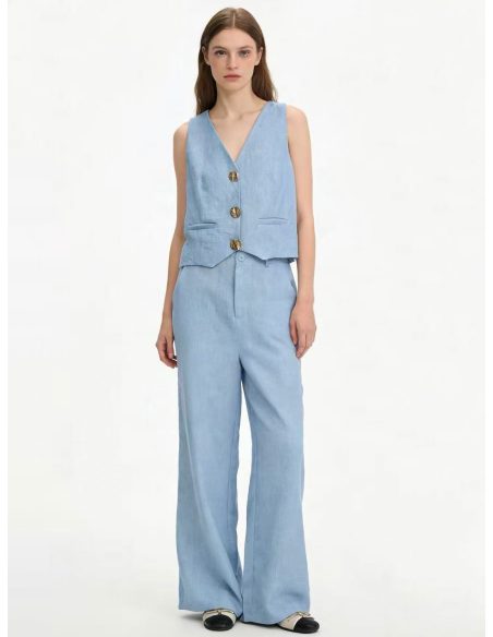 Conjunto de efecto lino: chaleco botones joya y pantalón