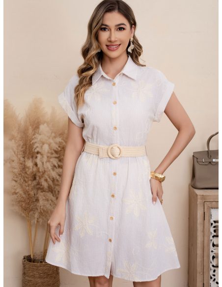 Vestido camisero rayas bordado hojas con cinturón