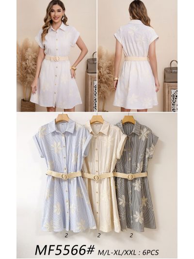 Vestido camisero rayas bordado hojas con cinturón 2