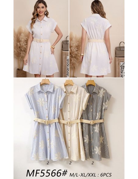 Vestido camisero rayas bordado hojas con cinturón