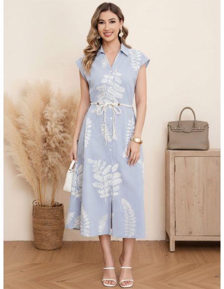 Vestido camisero midi bordado hojas con cinturón