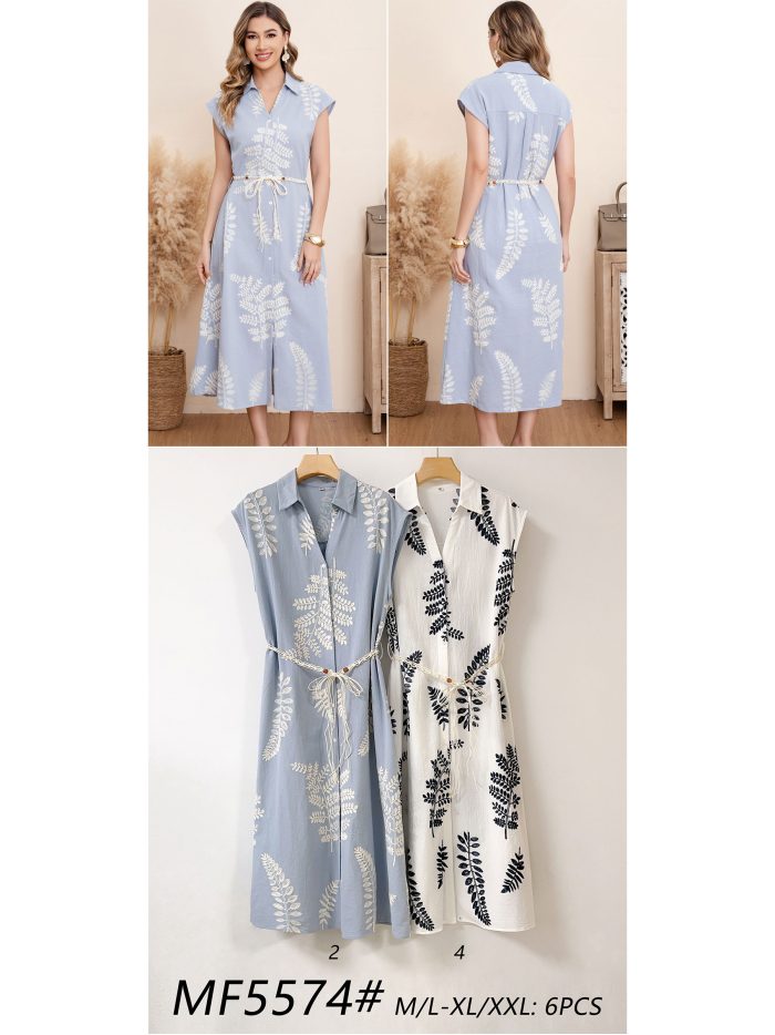 Vestido camisero midi bordado hojas con cinturón