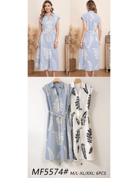 Vestido camisero midi bordado hojas con cinturón