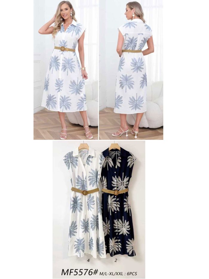 Vestido camisero bordado palmeras con cinturón