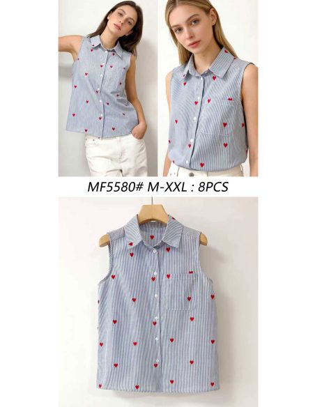 Camicia senza maniche a righe con cuori ricamati