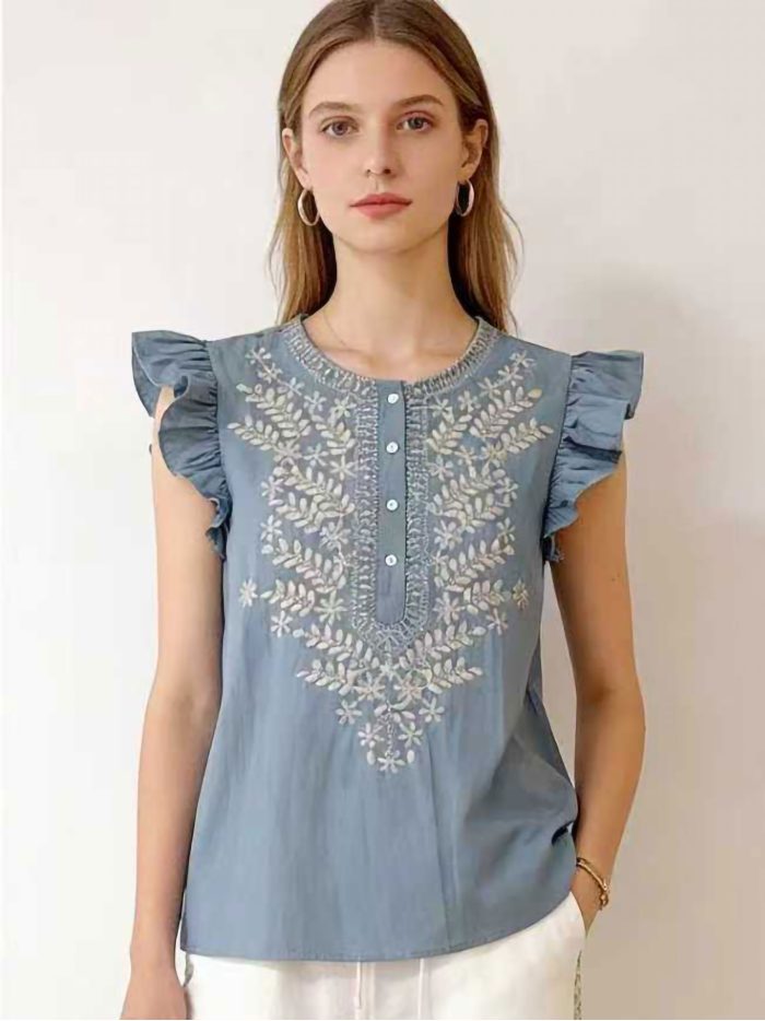 Bestickte Bluse mit Rüschen an den Schultern