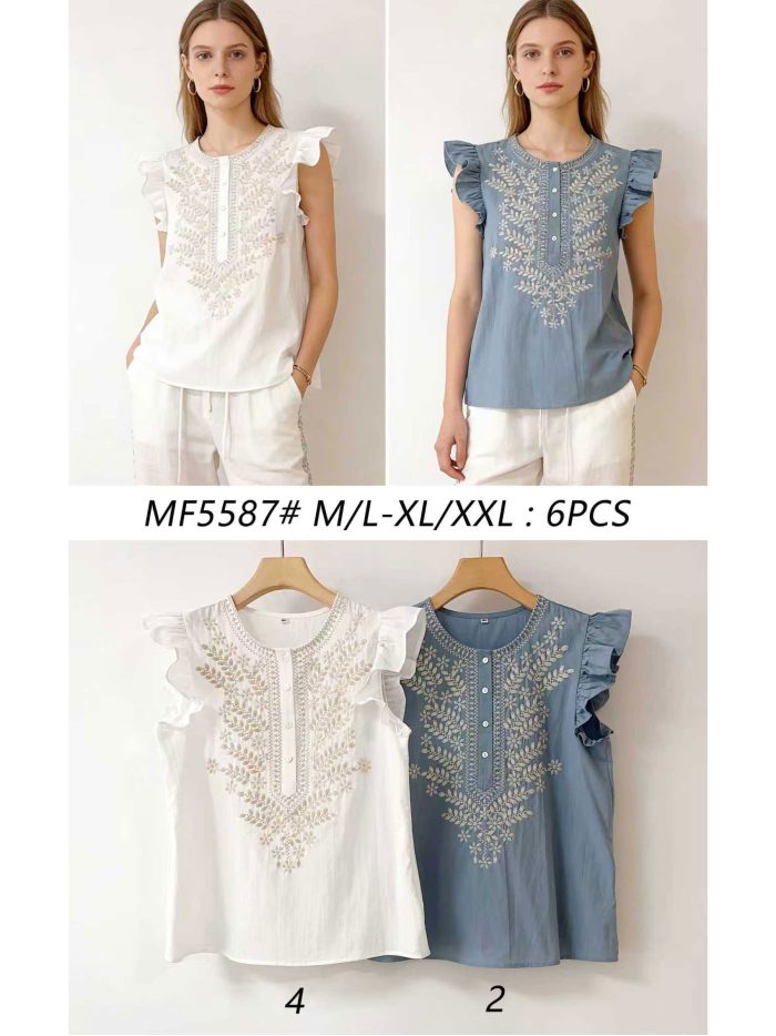 Bestickte Bluse mit Rüschen an den Schultern