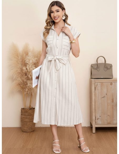 Vestido camisero midi de rayas con cinturón