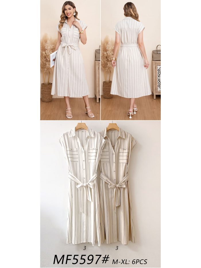 Vestido camisero midi de rayas con cinturón