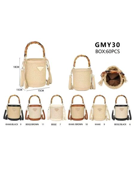 Bolso cubo de rafia con asa de efecto bambú