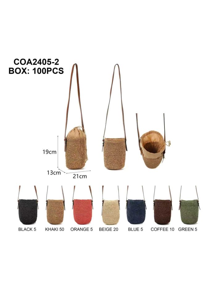 Sac bandoulière seau en raphia avec cordon de serrage