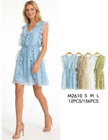 Vestido corto de gasa con volantes y cinturón