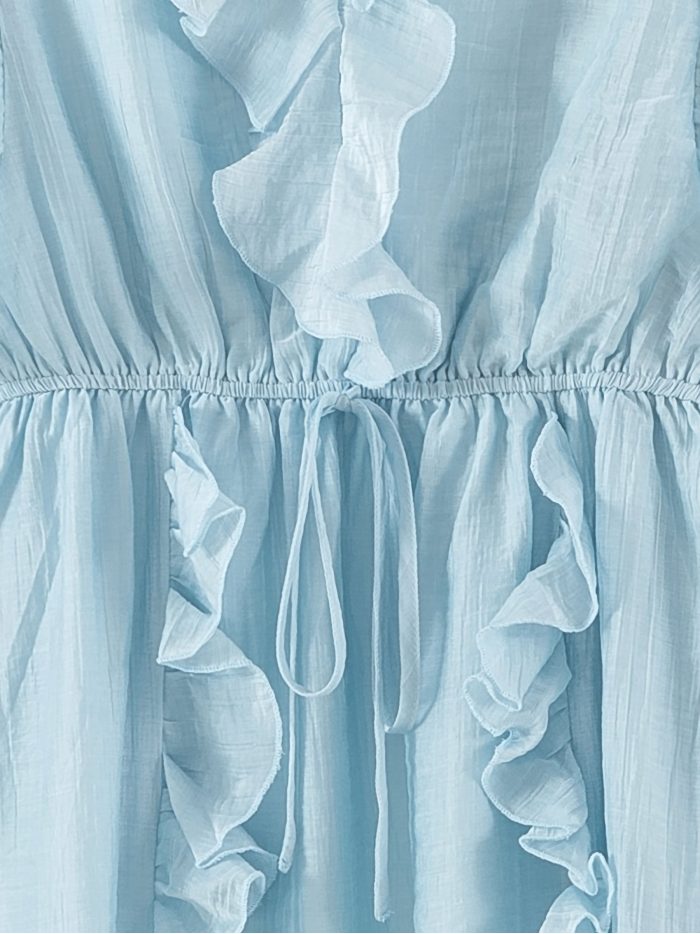 Vestido corto de gasa con volantes y cinturón