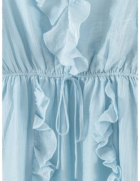 Vestido corto de gasa con volantes y cinturón