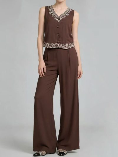 Conjunto efecto lino bordado: de chaleco y pantalón