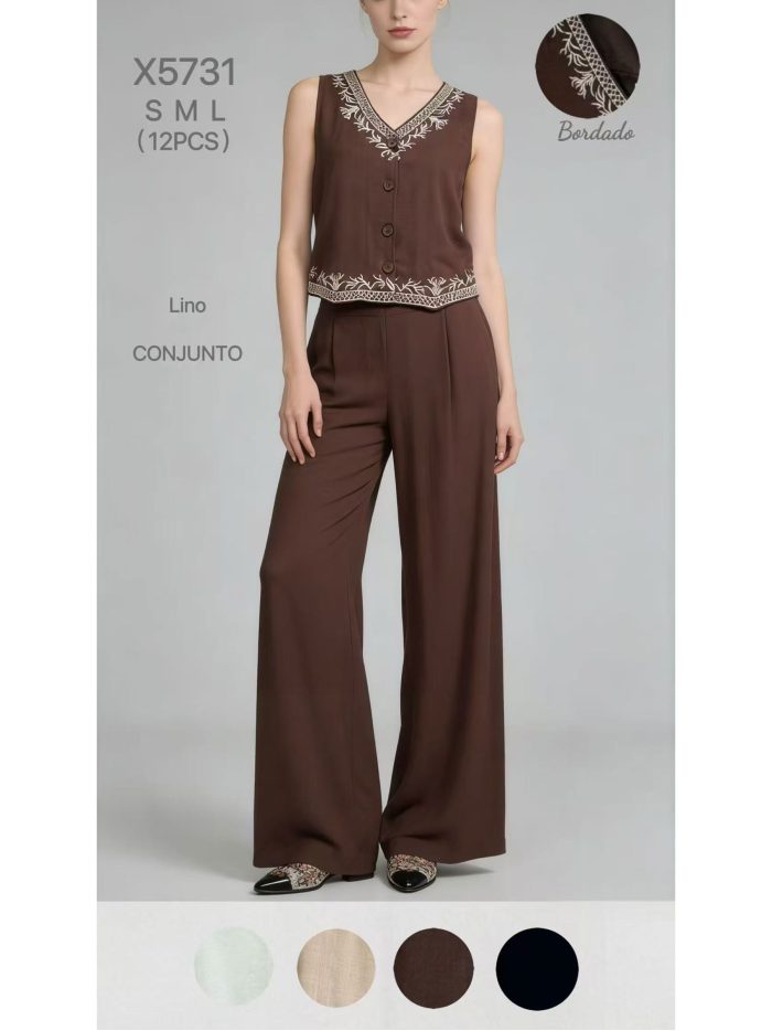 Conjunto efecto lino bordado: de chaleco y pantalón