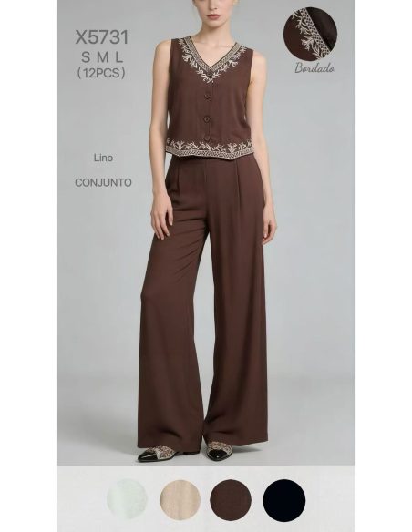 Conjunto efecto lino bordado: de chaleco y pantalón