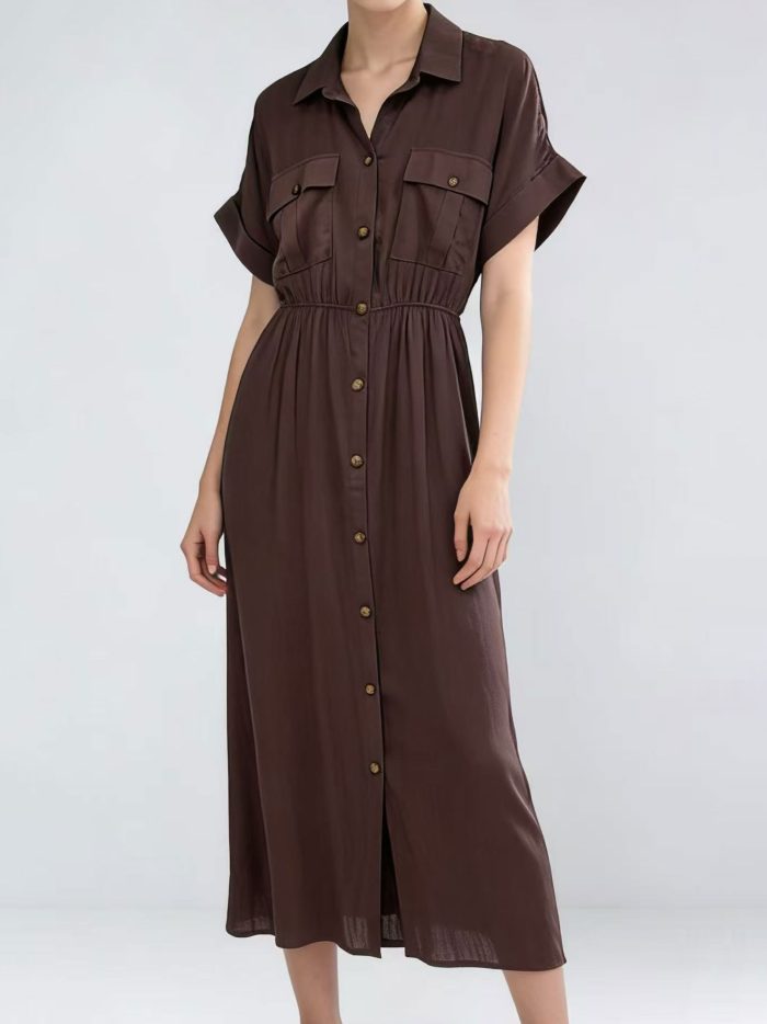 Vestido camisero efecto lino con cintura fruncida