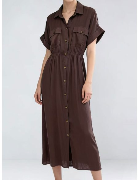 Vestido camisero efecto lino con cintura fruncida