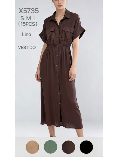 Vestido camisero efecto lino con cintura fruncida 2