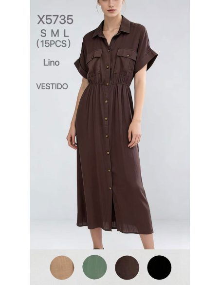 Vestido camisero efecto lino con cintura fruncida