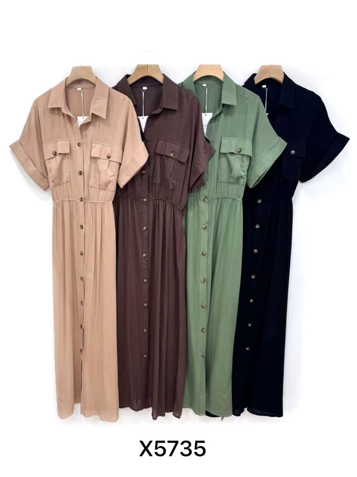 Vestido camisero efecto lino con cintura fruncida