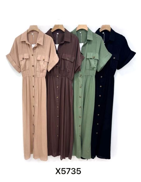 Vestido camisero efecto lino con cintura fruncida