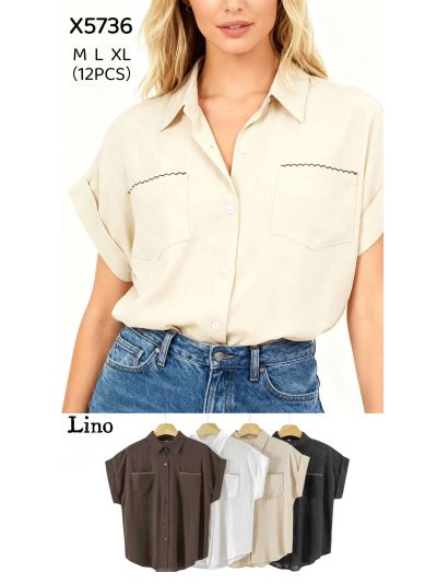 Camisa efecto lino manga corta con bolsillos 2