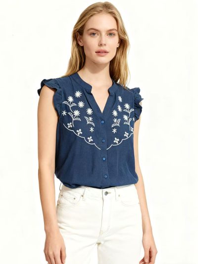 Blusa efecto lino bordada con botones