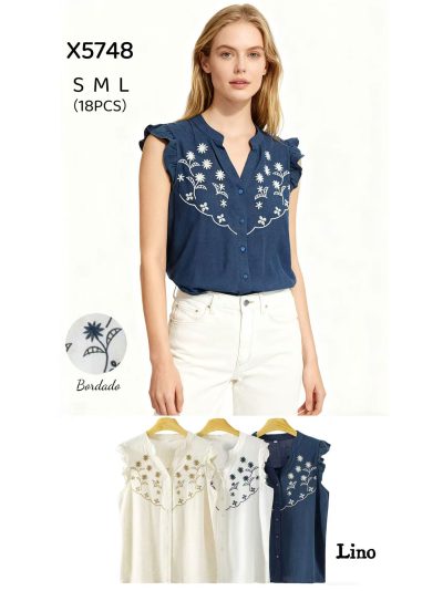 Blusa efecto lino bordada con botones 2