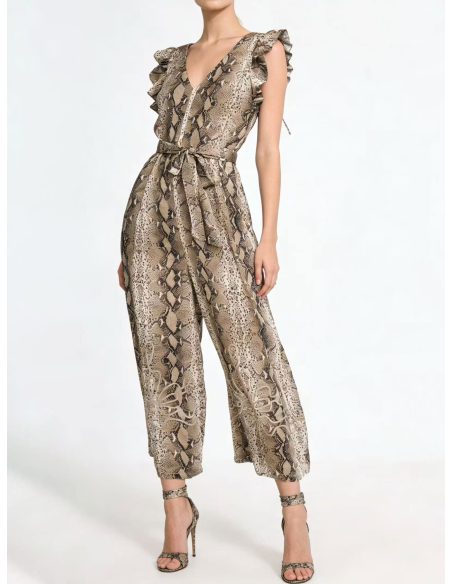 Ruffle-sleeve snake print jumpsuit