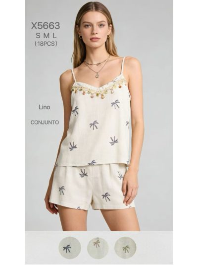 Conjunto efecto lino bordado palmeras: top de tirantes y short  2