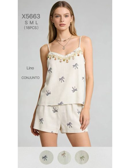 Conjunto efecto lino bordado palmeras: top de tirantes y short 