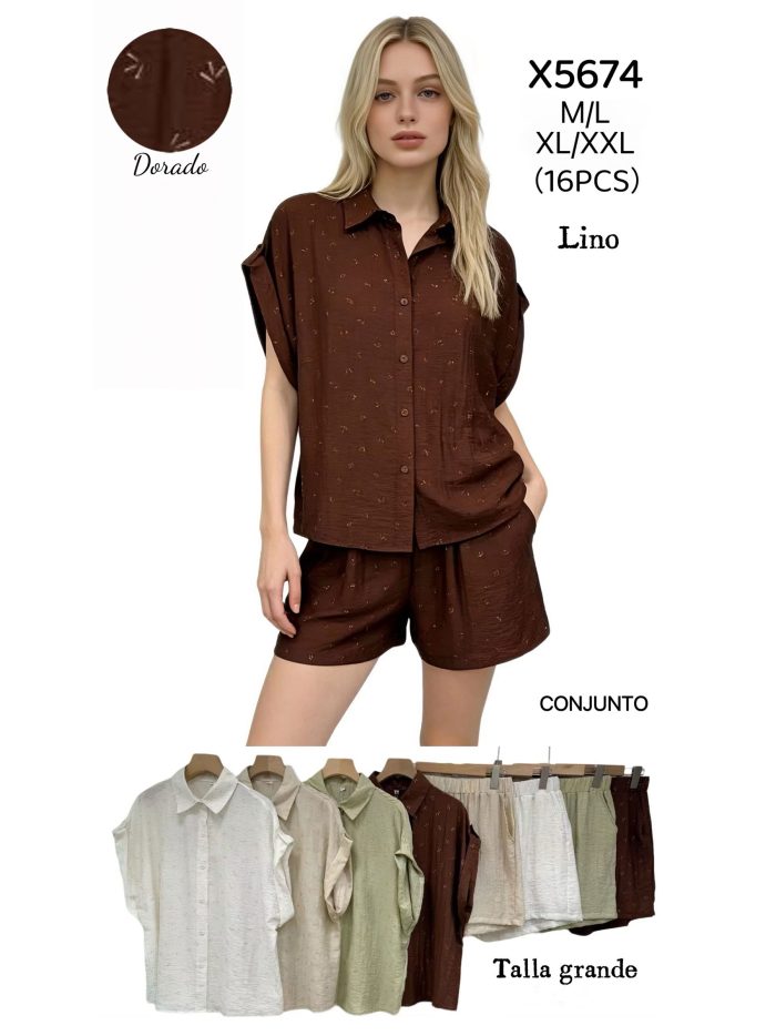 Conjunto talla grande con detalle dorado: camisa y short