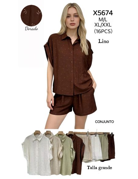 Conjunto talla grande con detalle dorado: camisa y short