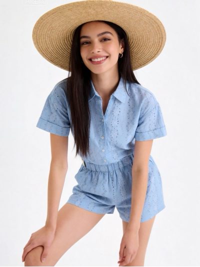 Conjunto de algodón estampado con detalle calado: camisa y short