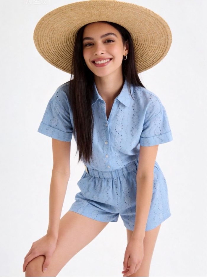 Conjunto de algodón estampado con detalle calado: camisa y short