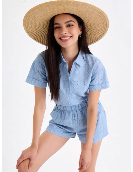 Conjunto de algodón estampado con detalle calado: camisa y short