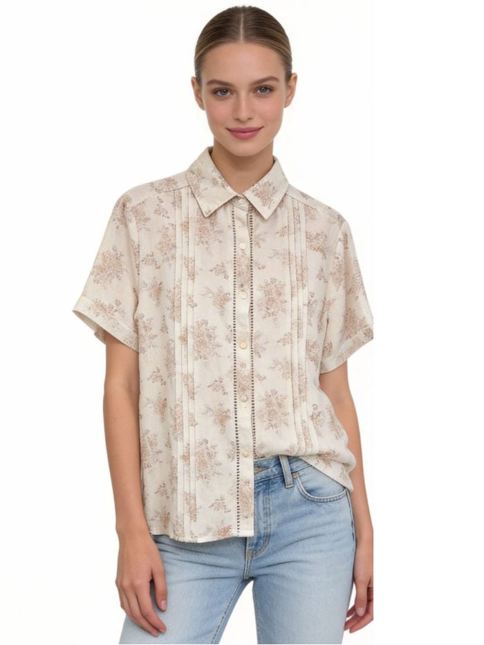Camisa efecto lino estampada con pliegues