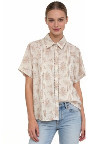 Camisa efecto lino estampada con pliegues