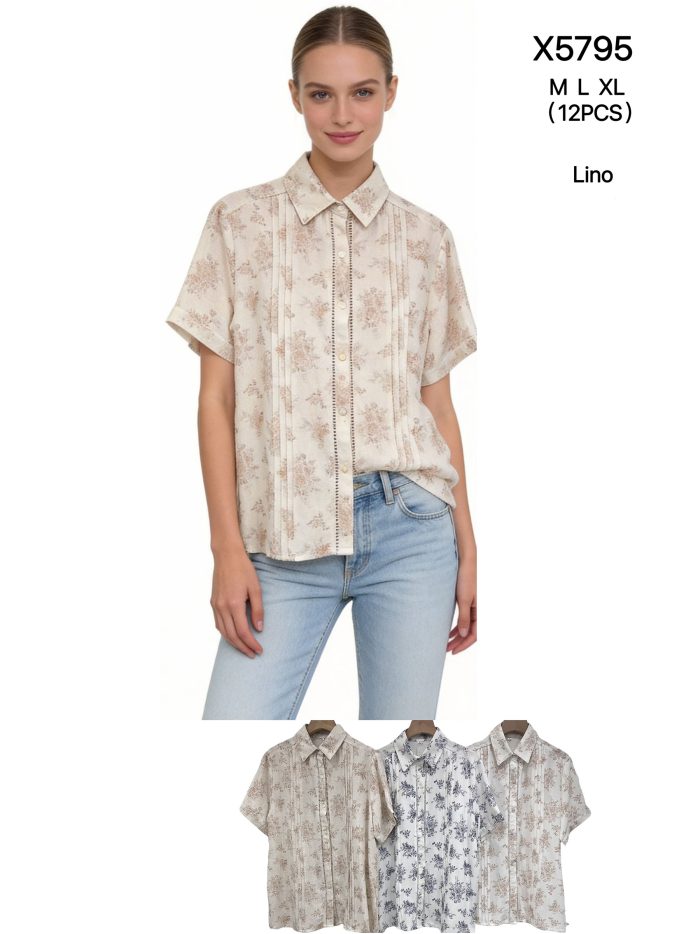 Camisa efecto lino estampada con pliegues