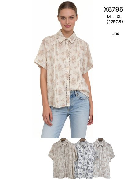 Camisa efecto lino estampada con pliegues